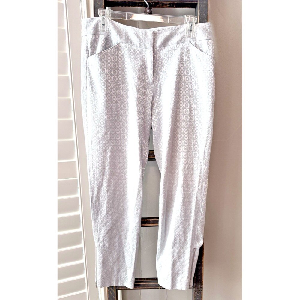 CACHE Silver and White embroidered dress straight Pants, Zipper Hems, Size 10